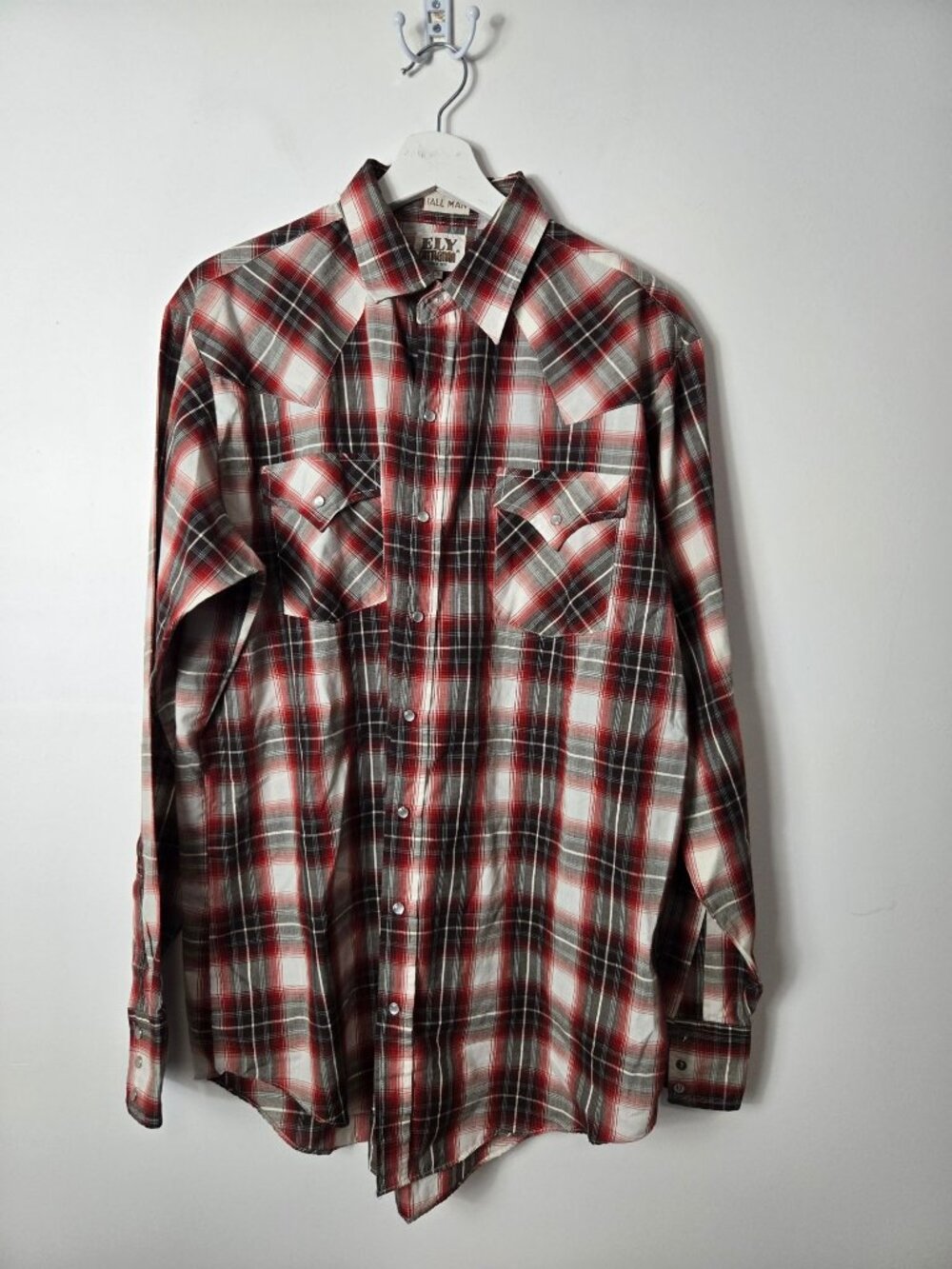 Ely Cattleman Western Red Plaid Long-Sleeve Pearl Snap Shirt Size L Tall Ranch